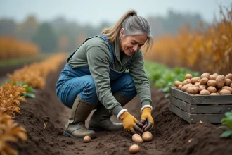 Femme récoltant des pommes de terre dans un potager en automne, avec un cageot en bois rempli de tubercules fraîchement déterrés