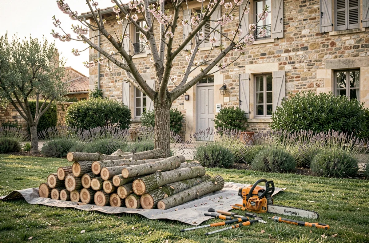Jardin privé après une séance d'élagage avec branches coupées et outils professionnels au sol à Montélimar