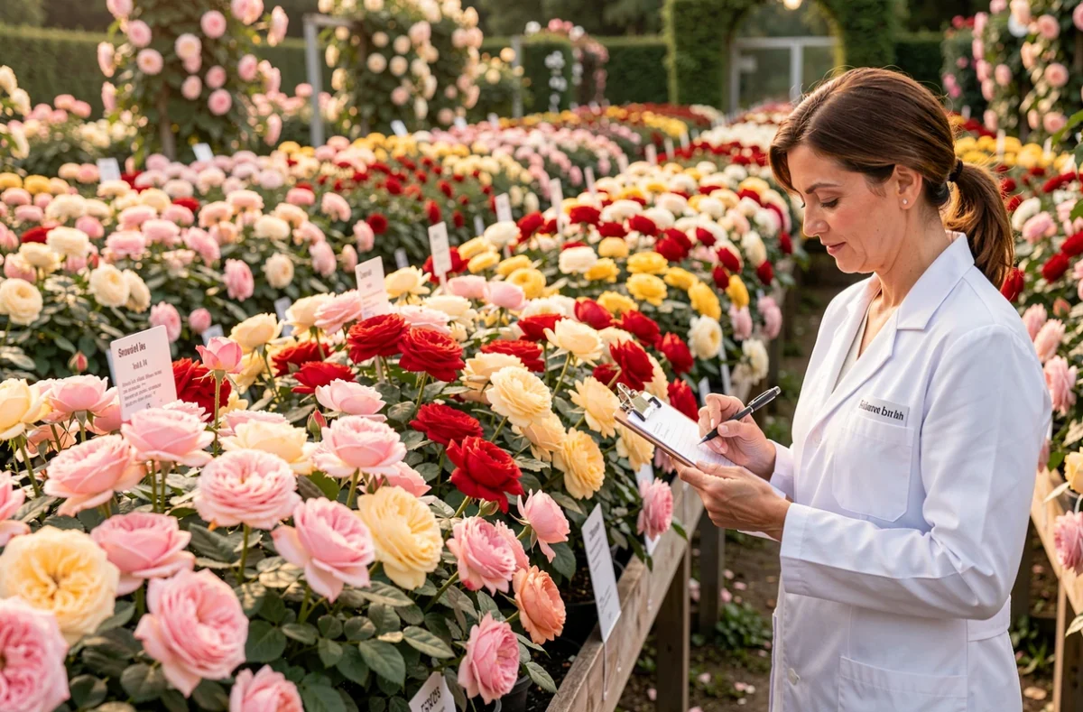 Rangées de rosiers en pleine floraison aux teintes variées dans les jardins de Roses Guillot