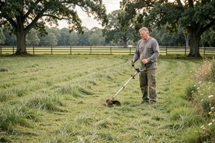 Homme utilisant un rotofil professionnel sur un grand terrain enherbé en milieu rural