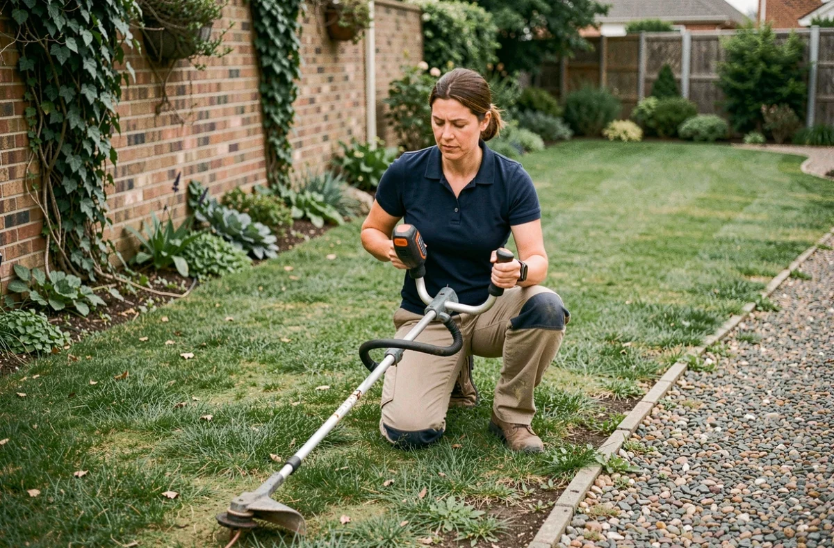 Femme utilisant un rotofil sans fil pour entretenir les bordures d'un grand jardin résidentiel