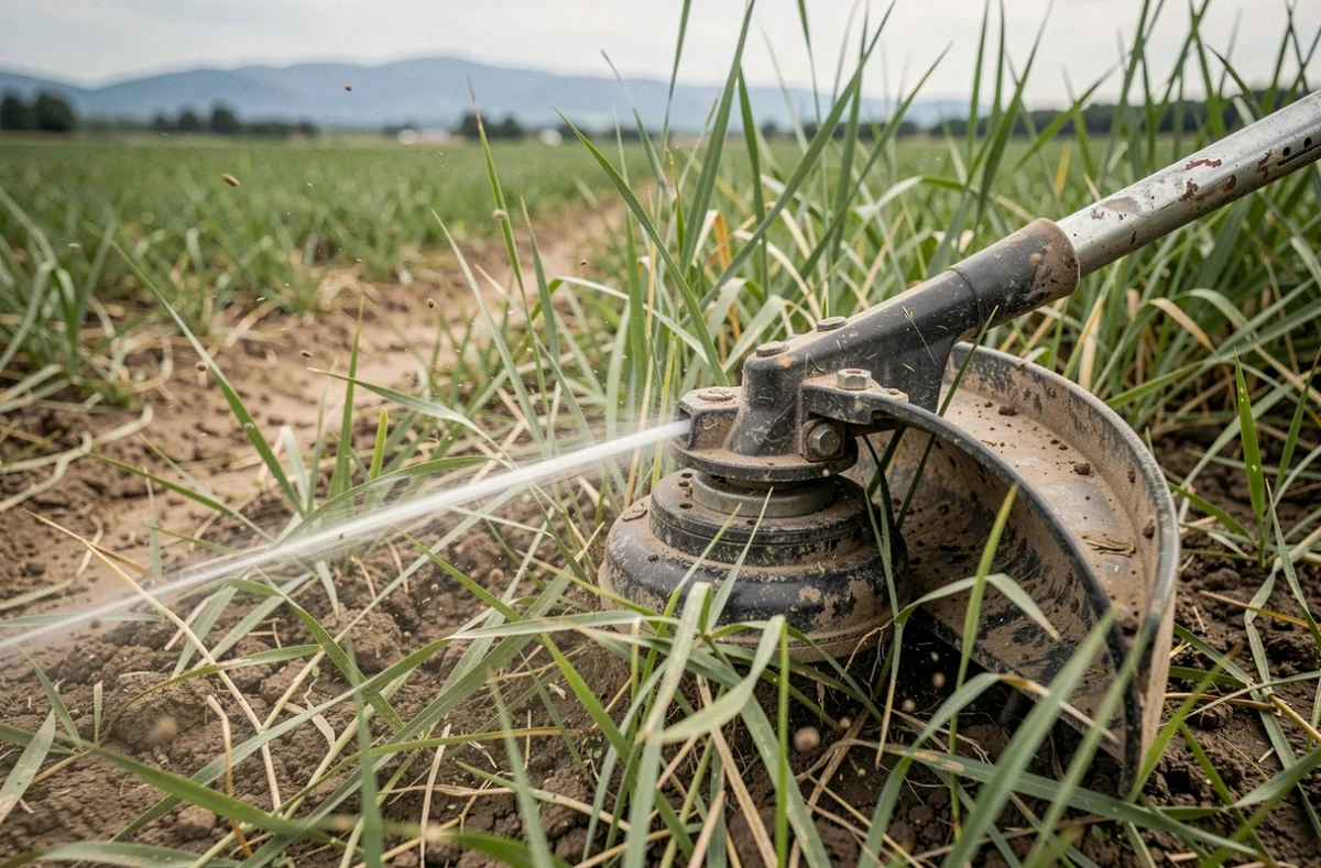 Gros plan sur la tête de coupe d'un rotofil thermique en action dans de hautes herbes sur grand terrain