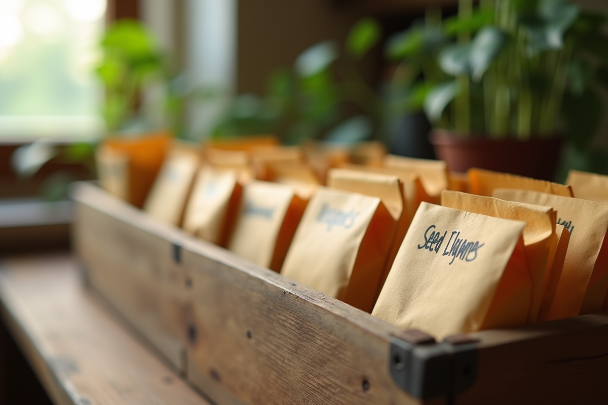 sachets de graines de plantes rangés dans une boîte en bois