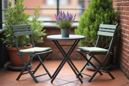 Salon de jardin bistrot compact et pas cher sur petit balcon urbain avec carrelage en terre cuite et chaises en métal peint