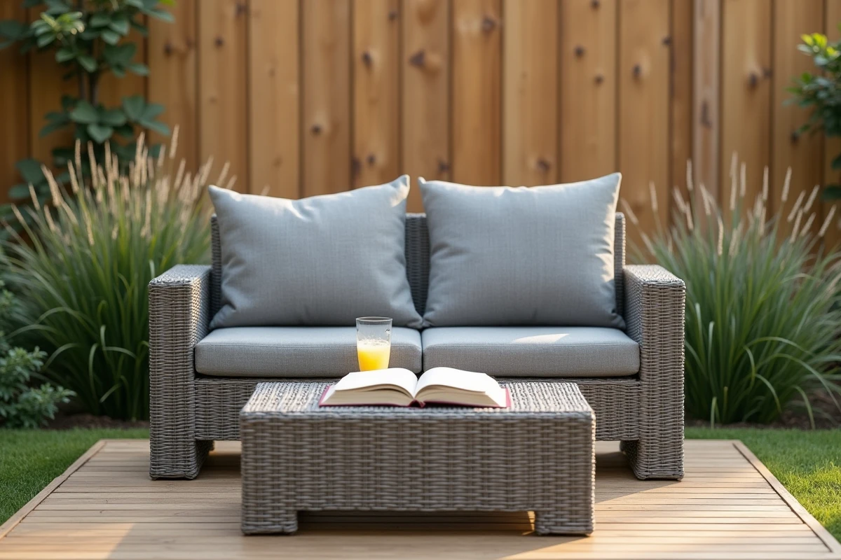 Petit salon de jardin lounge en résine tressée grise avec coussin et table basse sur terrasse bois, ambiance détente pour petit extérieur