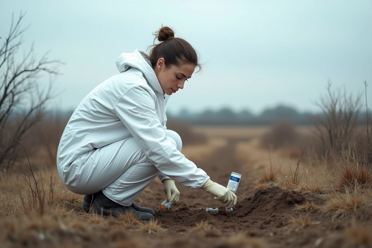Scientifique en combinaison de protection prélevant un échantillon de sol contaminé par des herbicides interdits
