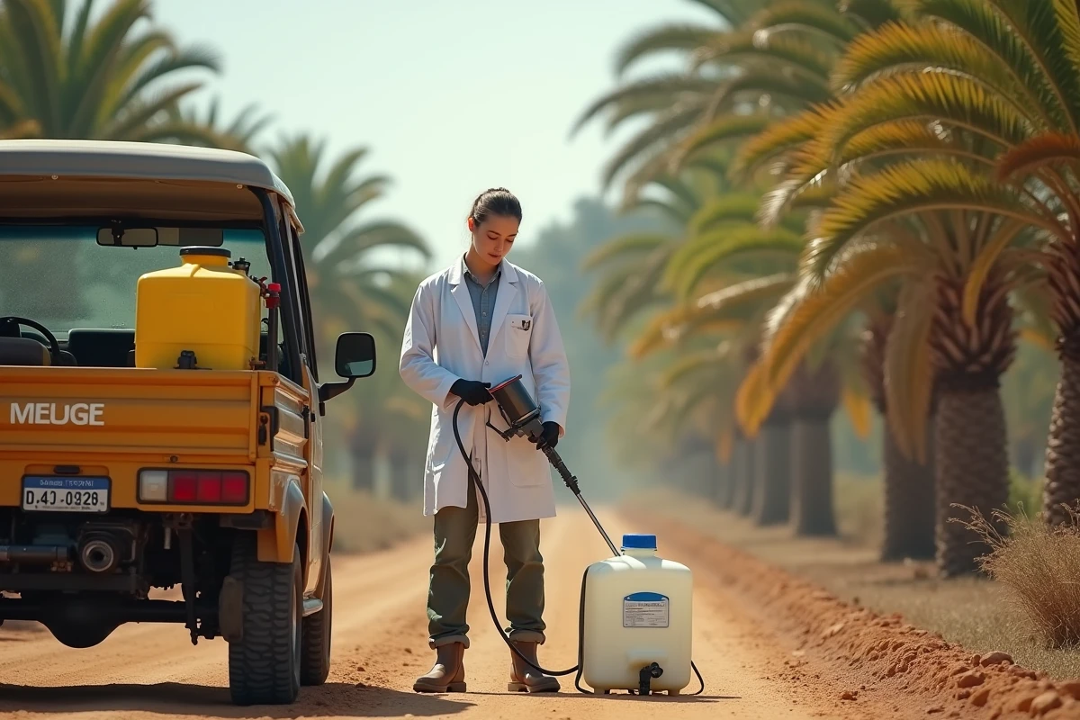 Scientifique préparant un pulvérisateur dans un palmeraie rurale