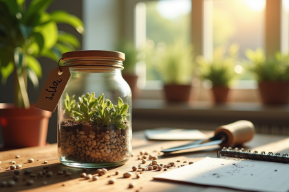 seau rempli de graines de jardin étiquetées et scellées