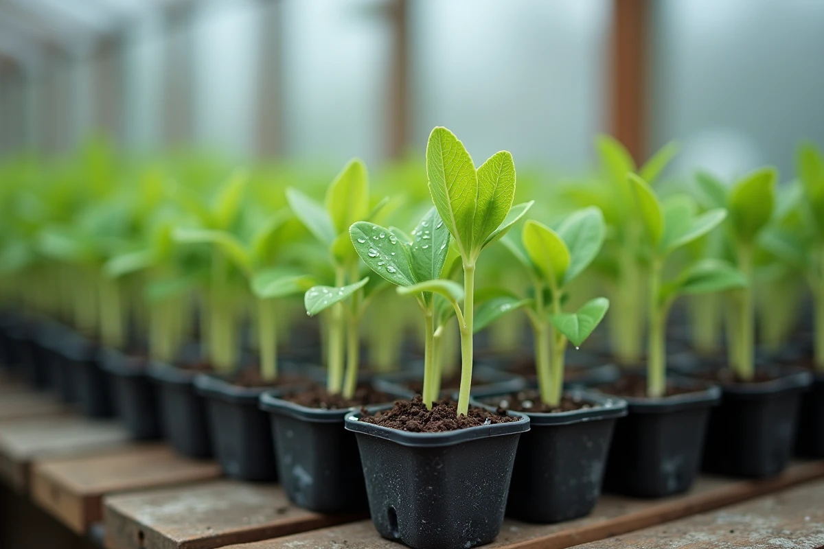Semis de lisianthus en mini-godets biodégradables sur un banc de serre avec condensation sur les vitres en climat frais