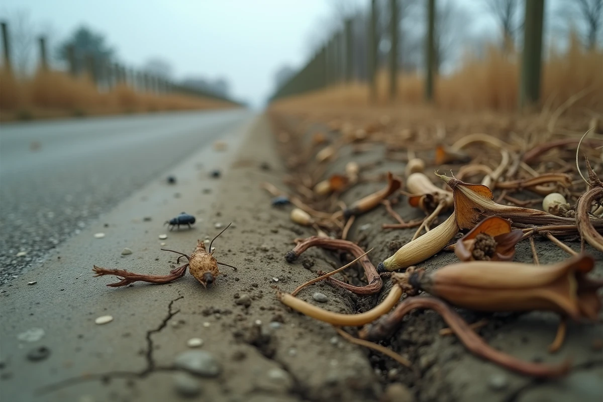 Sol fissuré et plantes mortes causés par l'utilisation d'un débroussaillant chimique interdit