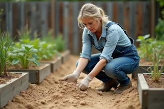 Jardinière examinant un sol sableux pauvre et sec dans un potager, mettant en évidence la texture granuleuse d'une terre difficile à cultiver
