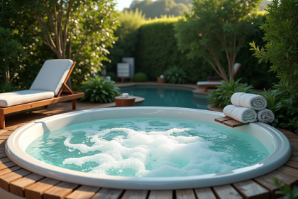 Spa extérieur luxueux entouré de verdure et bois