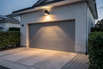 Spot solaire LED monté au-dessus d'un garage double en façade de maison moderne, éclairant l'allée au crépuscule