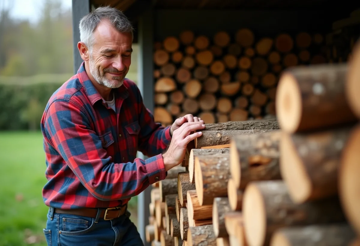 Homme d'âge moyen empilant du bois dans la campagne