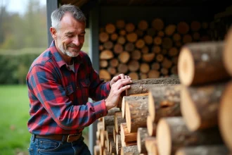 Homme d'âge moyen empilant du bois dans la campagne