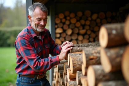 Homme d'âge moyen empilant du bois dans la campagne