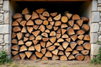 Stère de bois en 33 cm soigneusement empilé contre un mur en pierre, illustrant le volume et le poids du bois de chauffage