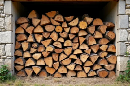 Stère de bois en 33 cm soigneusement empilé contre un mur en pierre, illustrant le volume et le poids du bois de chauffage