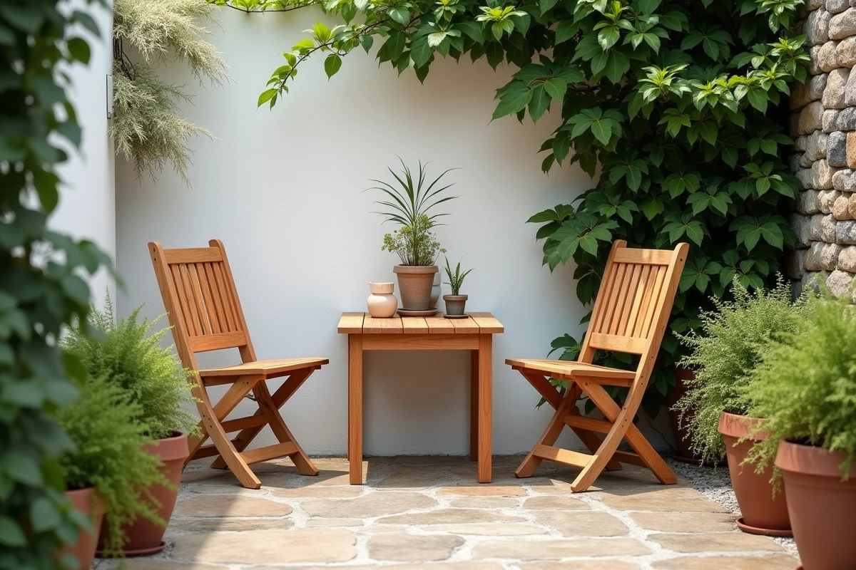 Table et chaises de jardin pliantes en bois d'acacia sur petite terrasse en pierre entourée de plantes grimpantes et de fougères en pot