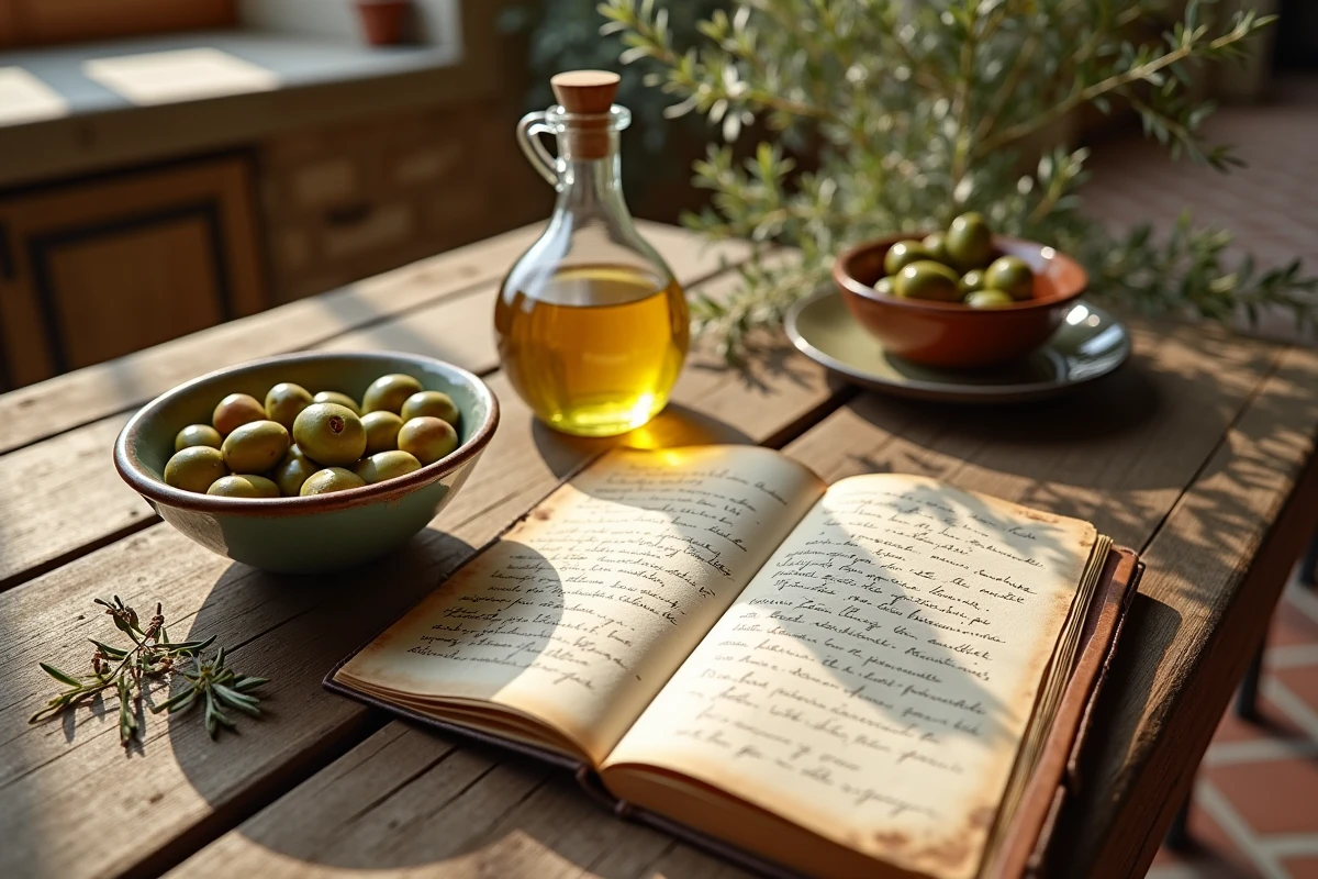 Table rustique provençale avec huile d'olive, olives fraîches et journal ouvert sur les thèmes de l'abondance et de la spiritualité