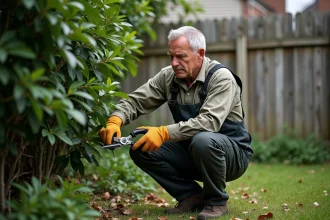 Homme en tenue de travail taille un laurier dans le jardin