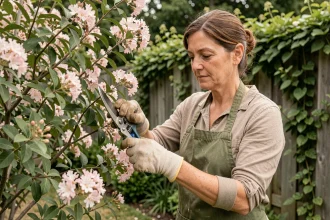 Femme jardinière taillant un lilas des Indes avec un sécateur dans un jardin verdoyant