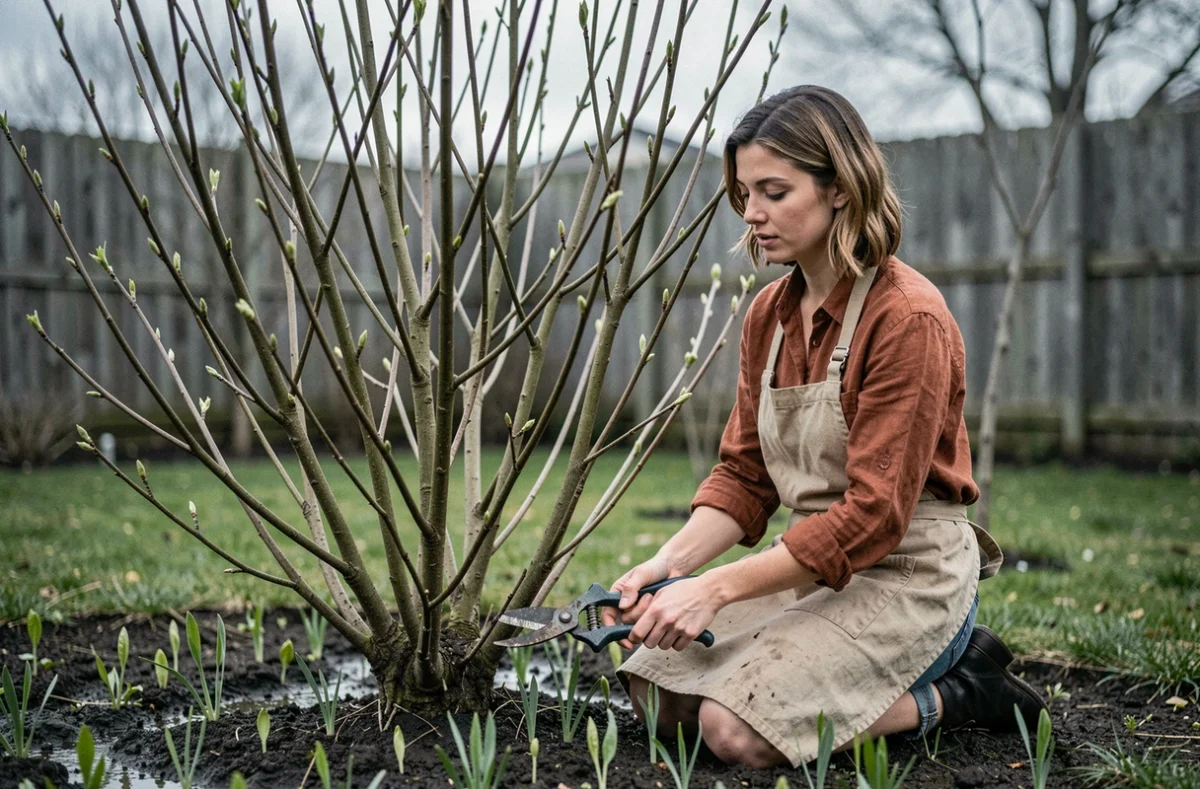 Femme réalisant une taille de rajeunissement sur un noisetier touffu dans un jardin résidentiel au printemps