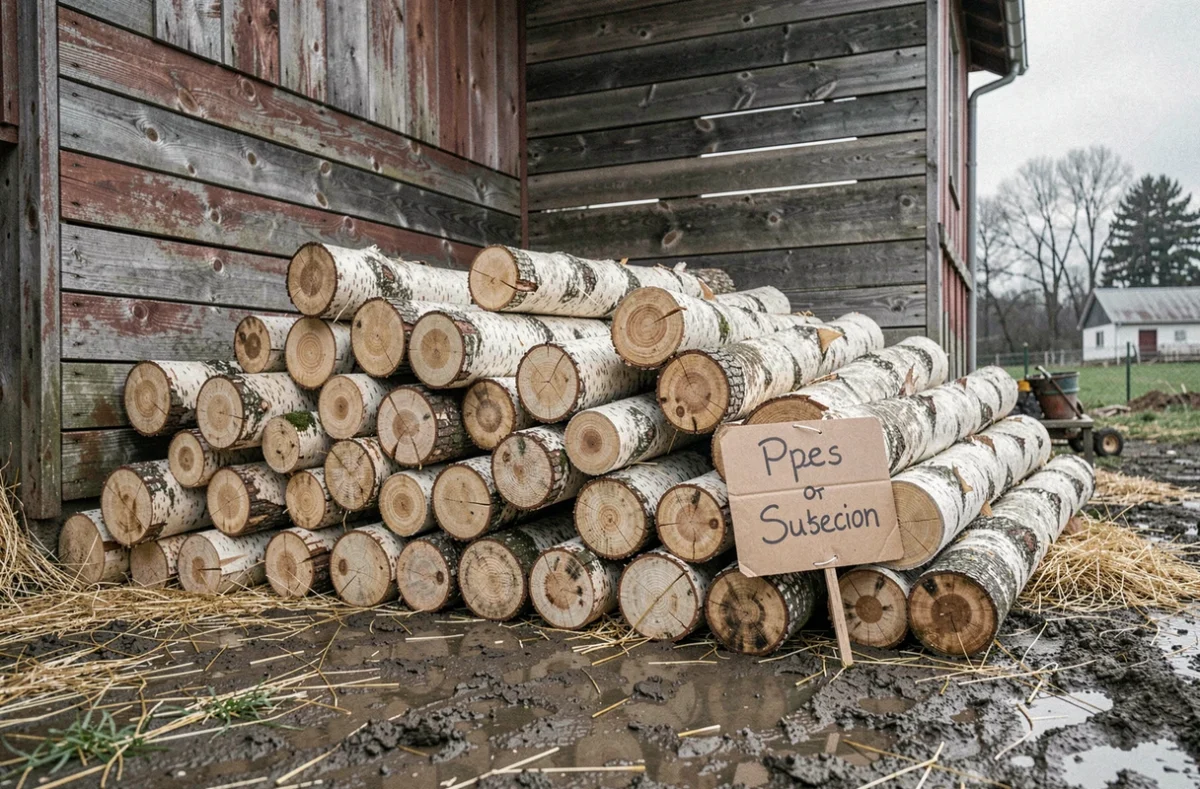 Tas de grumes de bois de chauffage pas cher dans une cour de ferme rurale