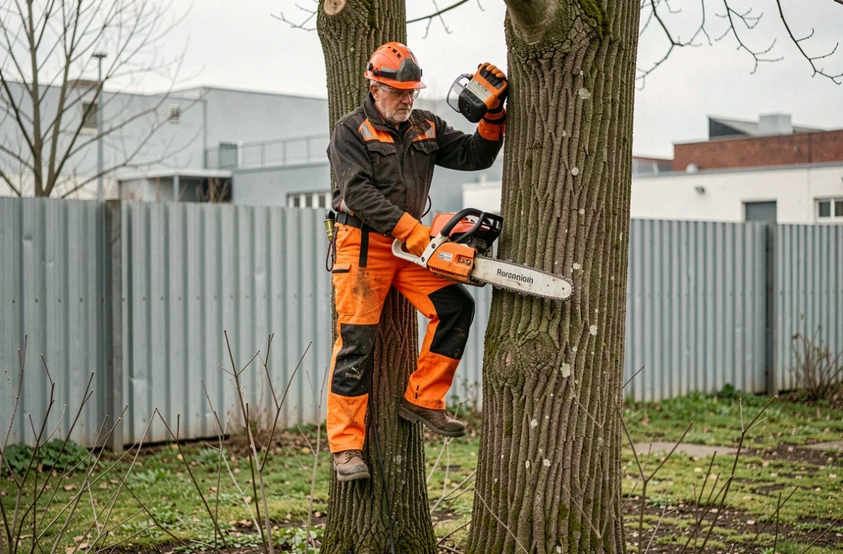 Arboriste qualifié utilisant une tronçonneuse professionnelle sur un hêtre dans un cadre industriel du Nord, représentant Techni Vert
