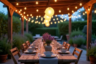 Terrasse de jardin avec guirlande de boules lumineuses suspendues à une pergola en bois au crépuscule