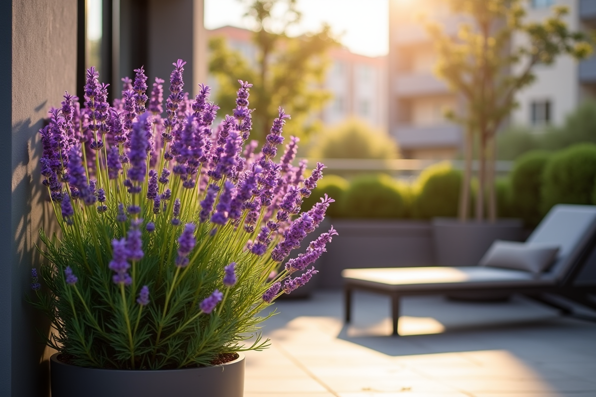 Petite terrasse urbaine avec lavande en pleine floraison et abeilles