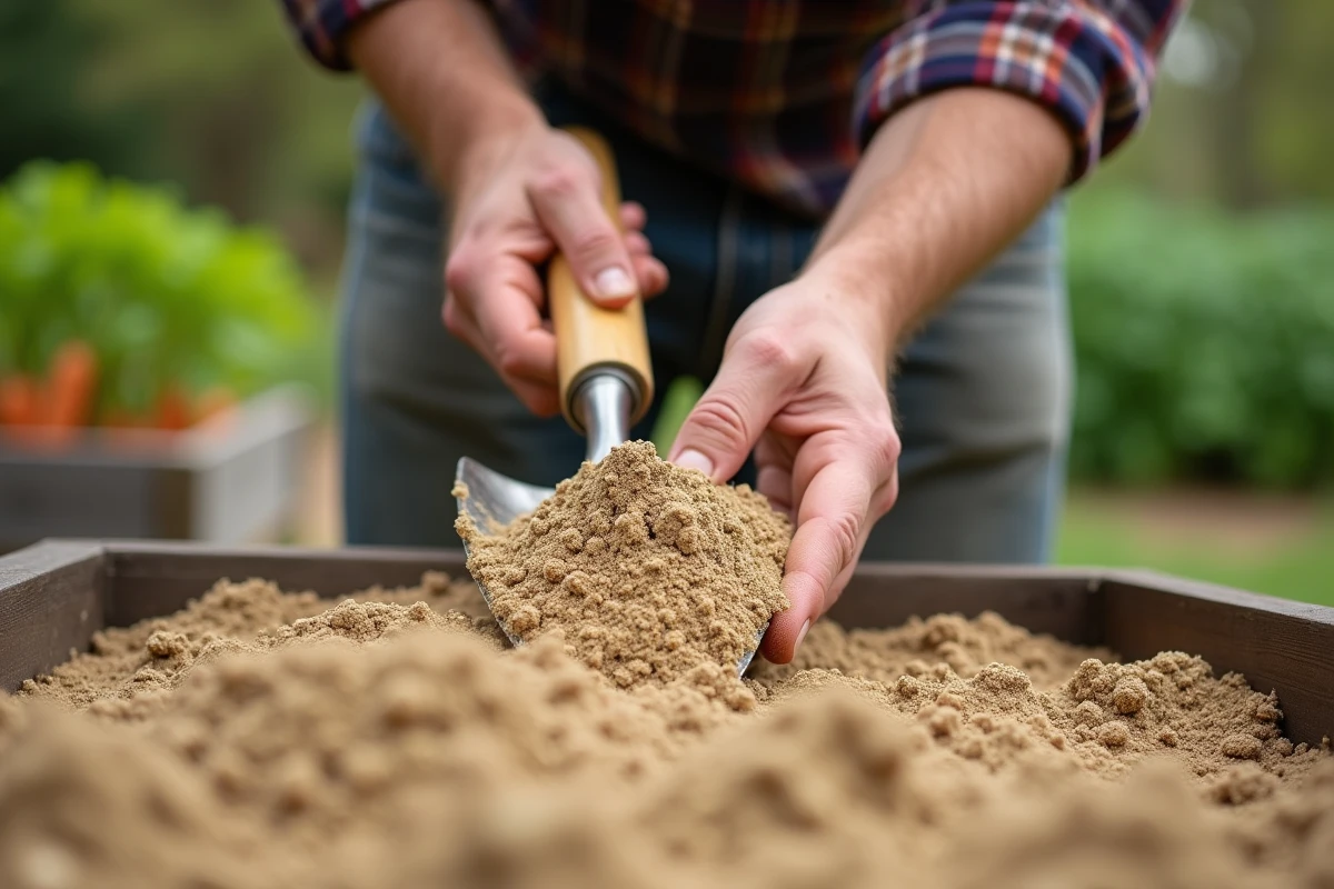 Gros plan de mains tenant une truelle avec de la terre sableuse pauvre s'effritant au-dessus d'un potager, illustrant la difficulté d'un sol qui ne retient pas l'eau