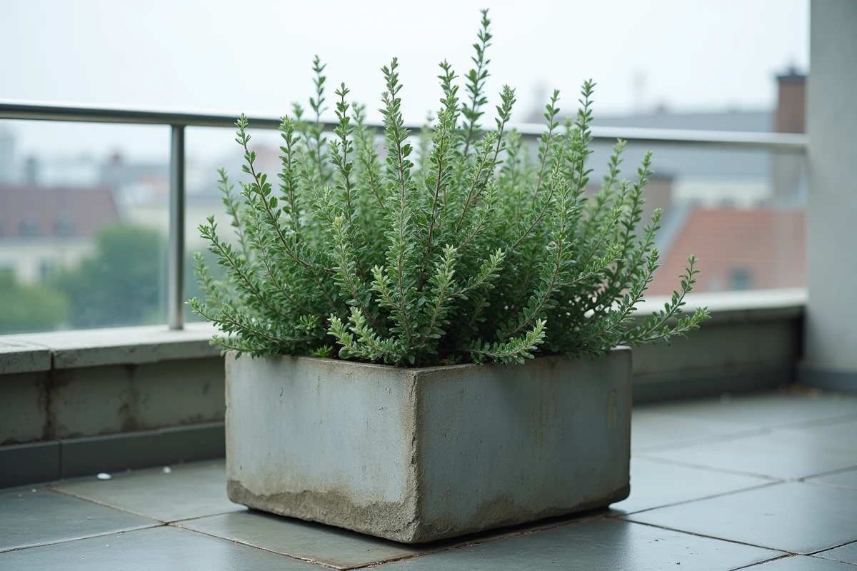 Plant de thym bien développé débordant d'un bac en béton sur un balcon avec vue urbaine