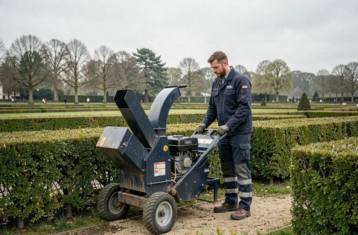 Professionnel de l'entretien paysager opérant un broyeur de branches dans un parc soigné du Nord de la France, représentant Tissoires Paysages