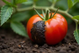 Tomate avec cul noir prononcé sur pied, montrant une tache noire et creusée typique de la nécrose apicale en pleine saison estivale