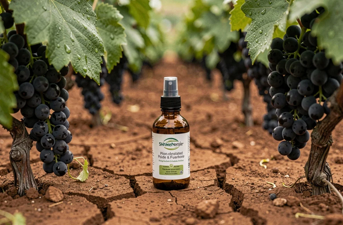 Flacon de traitement alternatif biologique posé entre les rangs de vigne, symbolisant les solutions de remplacement à la bouillie bordelaise en viticulture bio