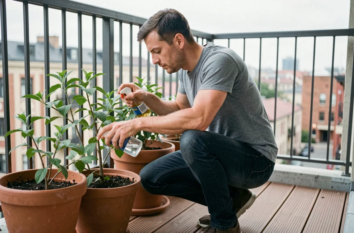 Homme appliquant un traitement naturel contre les petites bêtes rouges sur une plante de balcon au printemps