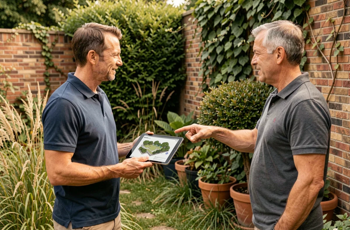 Paysagiste du réseau Travaux.com consultant avec un propriétaire parisien dans son jardin, tablette affichant un plan d'aménagement paysager
