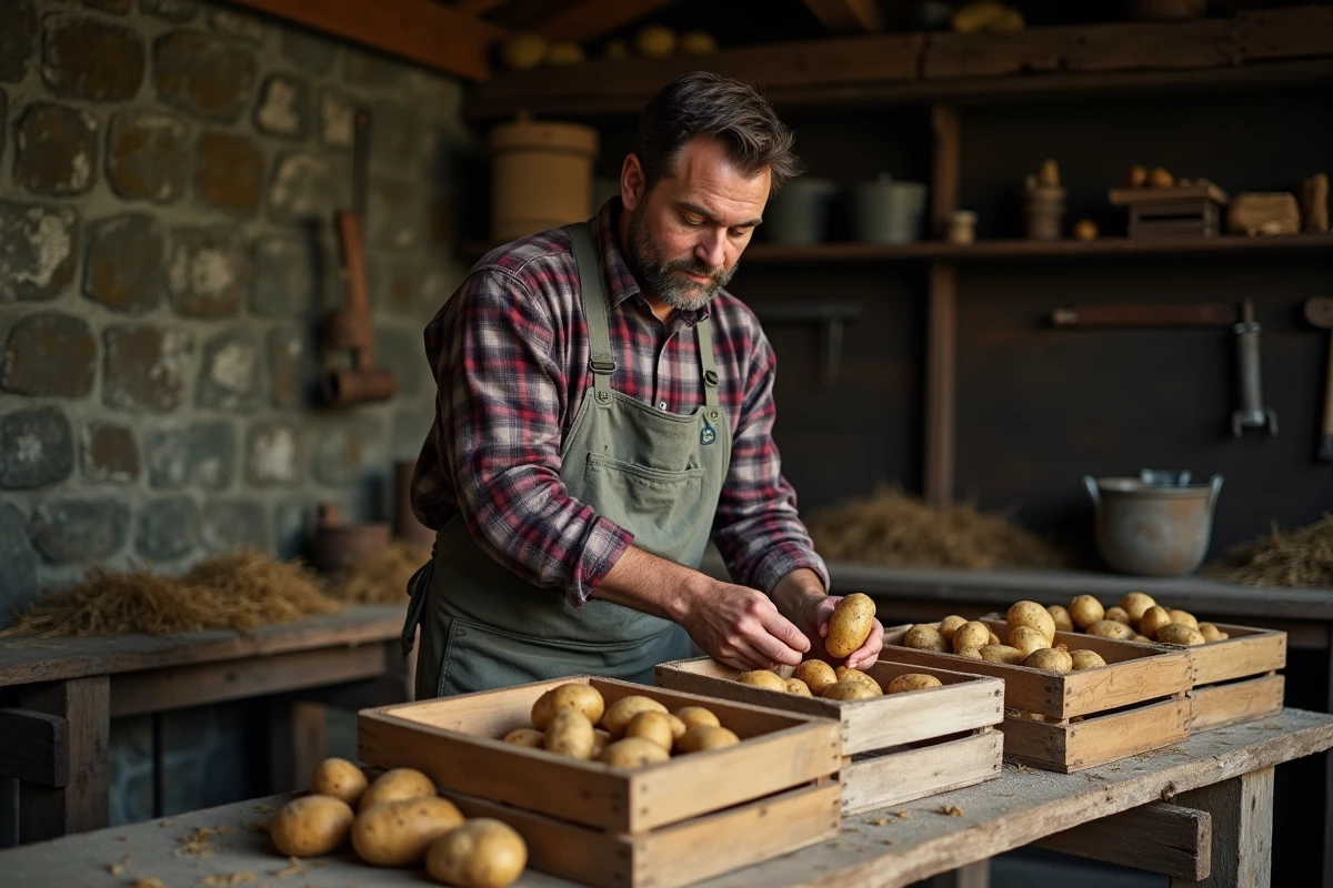 Homme triant des pommes de terre dans une grange en pierre, séparant les tubercules dans des caisses en bois avant la mise en cave