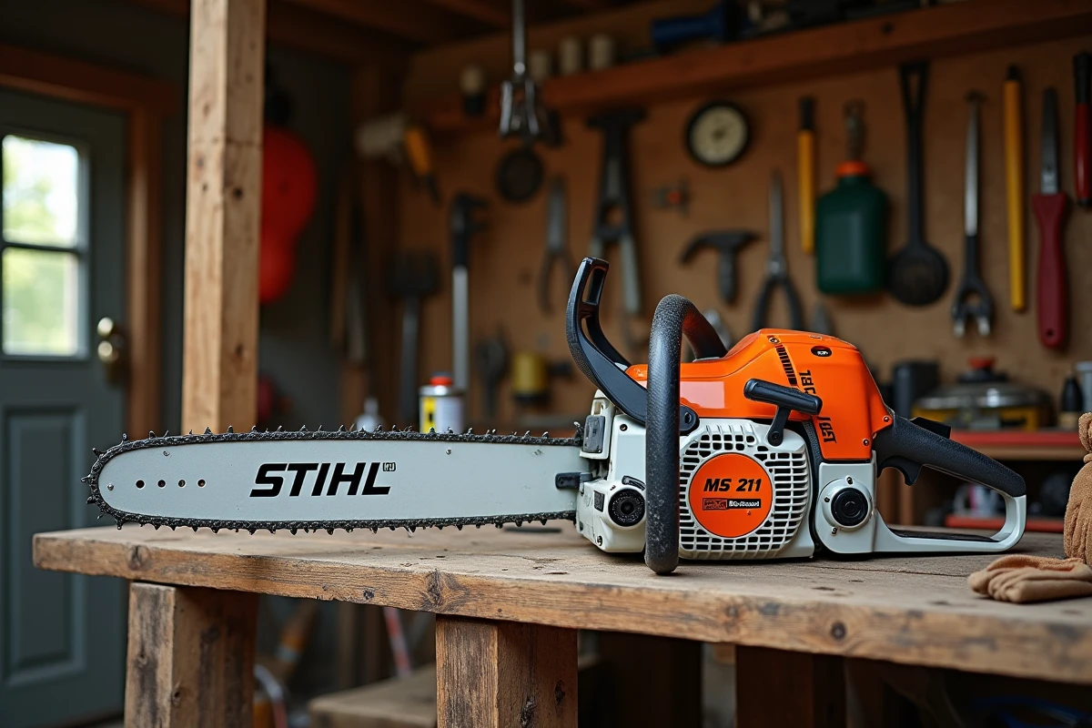 Tronçonneuse STIHL MS 211 posée sur un établi en bois dans un atelier de jardin avec accessoires d'entretien