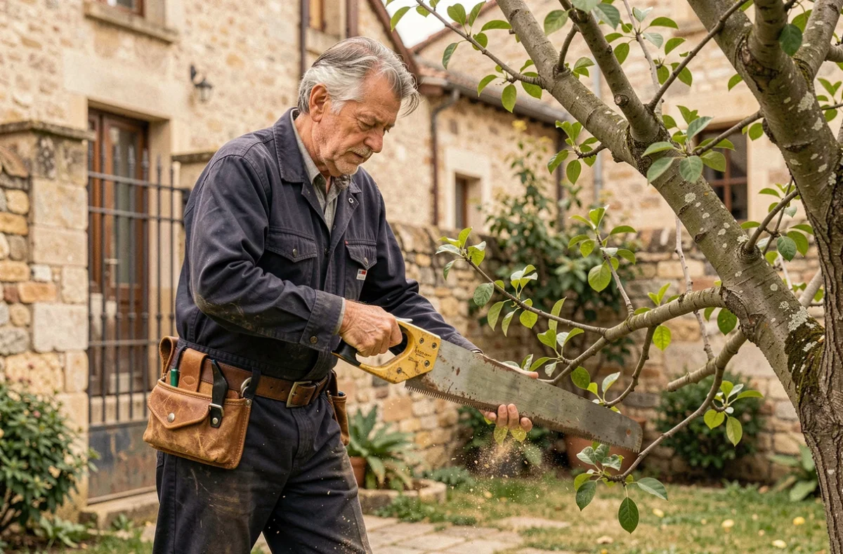 Arboriste expérimenté sciage à la main une branche de tilleul dans un jardin de village du Nord, représentant Trottein Alain