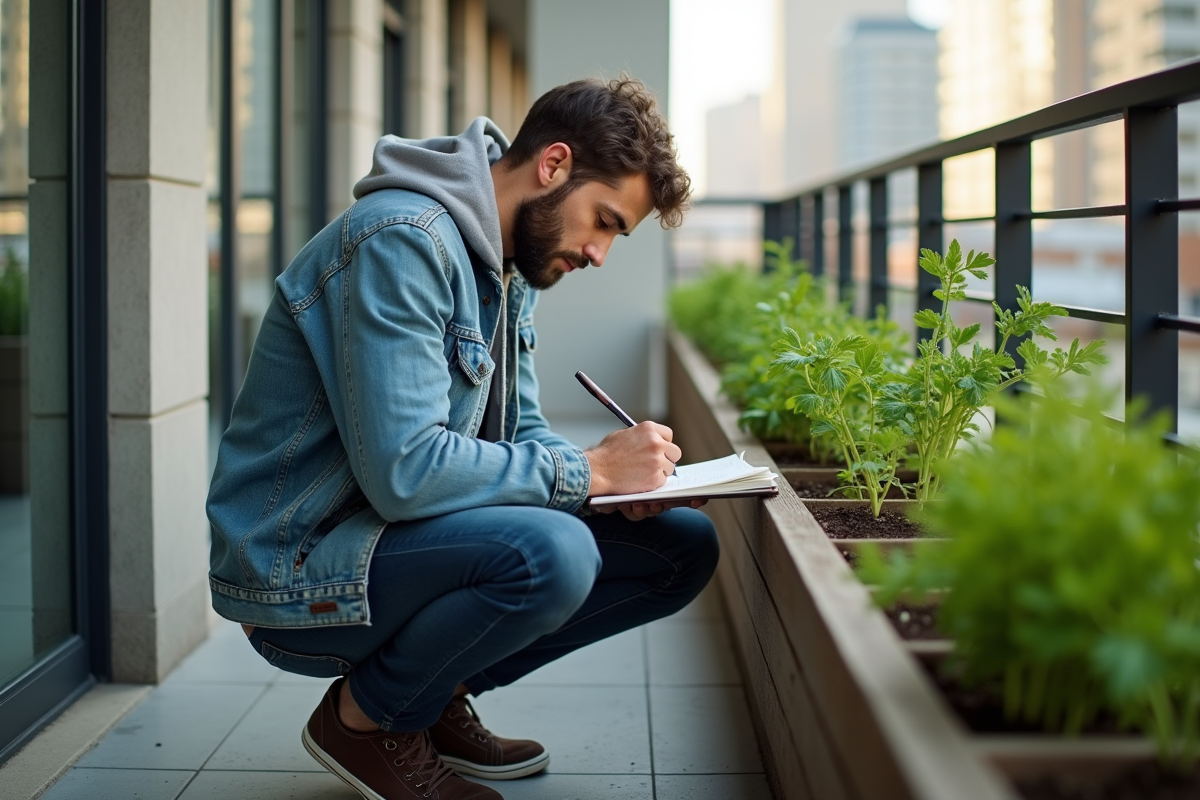 Jeune homme écrivant dans un journal de jardinage urbain