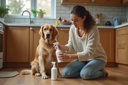 Femme lisant l'étiquette d'un produit ménager type Rotalin en présence de son chien dans une cuisine familiale
