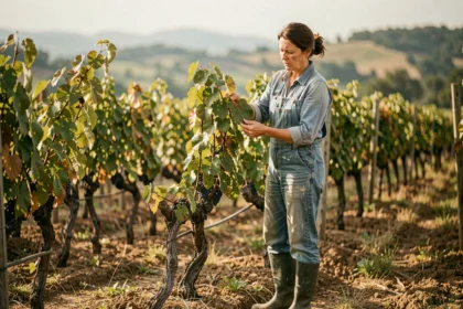 Viticultrice bio inspectant les feuilles de vigne dans un vignoble en agriculture biologique, cherchant des signes de mildiou sans bouillie bordelaise