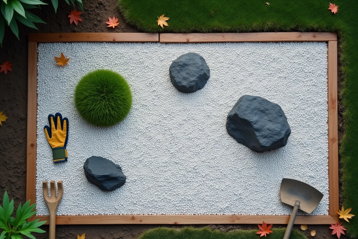Vue aérienne d'un jardin zen résidentiel achevé avec gravier ratissé, rochers volcaniques asymétriques et bordure en cèdre, gants de jardinage au bord du cadre